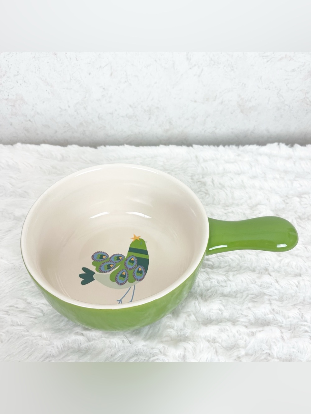 World Market Peacock Bird Ceramic Bakeware Soup Bowl Crock Handle Boho Whimsy